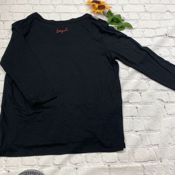 Desigual 3/4 Sleeve Ivette V-Neck Embellished Tee  Top Black M‎ - Picture 6 of 11